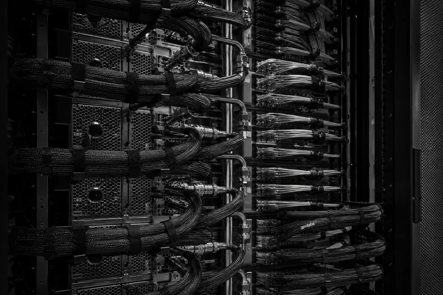 Braided power cables and liquid cooling manifolds behind a GPU rack