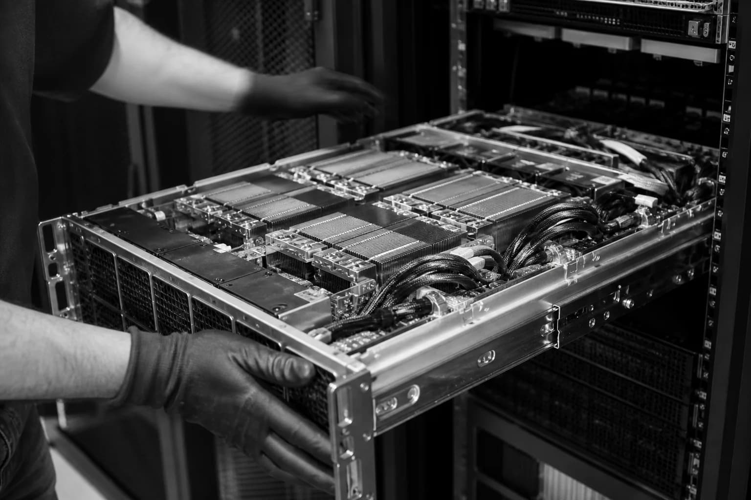 Engineer installing an open multi-GPU server tray