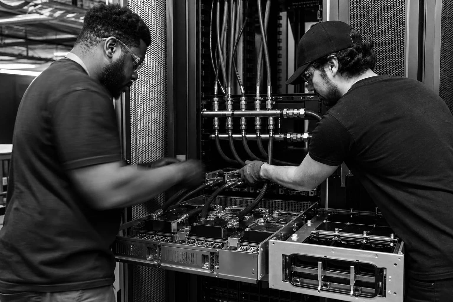 Two engineers connecting liquid cooling to a GPU compute node