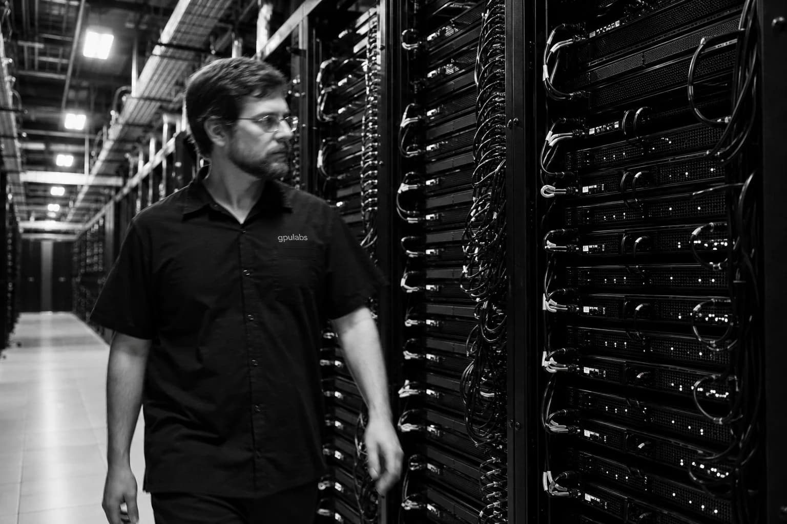 gpuLabs technician inspecting a row of GPU servers